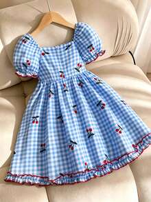 SHEIN Elladie kids 1pc Girls' Summer New Off-Shoulder Puff Sleeve Ruffle Trim Bow Tie Waist Plaid A-Line Cute Sweet Princess Dress - Blue and White - View 8