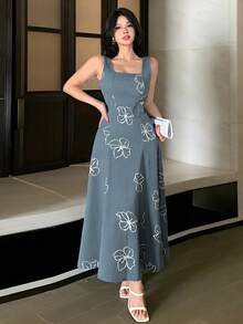 DAZY Vestido de mezclilla con cuello cuadrado sin mangas y estampado floral elegante para mujer, vestidos de verano para mujeres - Azul - Ver 4
