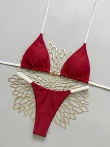 Swim Mod Bikini de dos piezas con cuello en V, espalda descubierta y decoración metálica en unicolor en forma de triángulo, tanga sexy para mujer, primavera/verano - Rojo - Ver 4