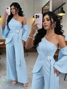 Modelyn Mono elegante de mujer con cuello asimétrico, recorte en el hombro, hebilla metálica en la cintura, tela texturizada, pantalones de pierna recta - Azul - Ver 4