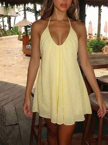 Aloruh Women's Deep V-Neck Spaghetti Strap A-Line Flowy Ruffle Hem Dress, Green,Dresses For Women Summer - Yellow - View 5