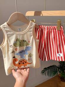 SHEIN 2pcs/Set Baby Boy/Girl Cute Casual Comfortable Funny Cartoon Dinosaur Pattern Tank Top And Elastic Waist Striped Shorts Set,Red - Multicolor - View 4