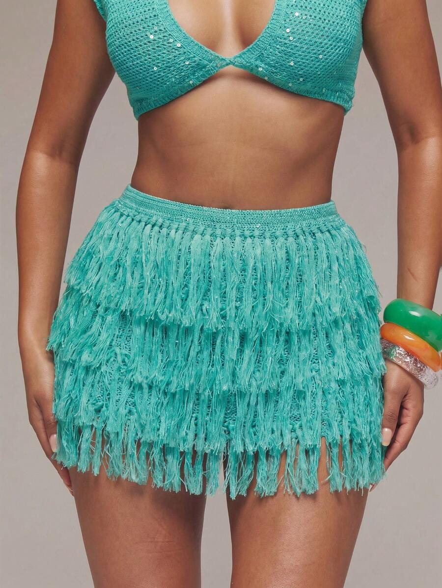 MUSERA Sequin Crochet Knit Tiered Fringed Mini Skirt Spring Summer Ibiza Festival Holiday Vacation Cute Sexy Y2k Night Out Club Tropical Seduction - Blue - View 1