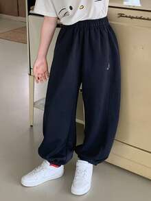 DAZY 少女休闲日常通勤百搭简约星形图案斜插口袋阔腿裤，适合春、夏、秋季穿着 - 藏蓝色 - 查看 5
