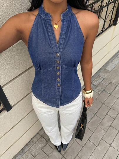 Siren Gaze Women's Summer Casual Front Button Halter Denim Blouse