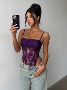 Aloruh Solid Color Sheer Lace Patchwork Backless Sexy Camisole Bodysuit - Purple - View 6