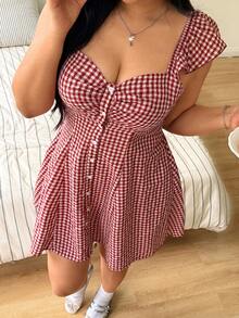 Sunnyshic Summer Red Plaid Cap Sleeve Waist Cinched Short A-Line Dress, Retro French Style Slimming Tea Length Dress - Red - View 2