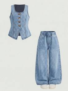 Firerie Kids Firerie Kids 女童牛仔两件套服装 - 淺色水洗藍 - 查看 2