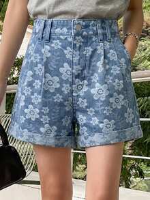 DAZY Pantalones cortos rectos de mujer con estampado floral lavado retro, adecuados para primavera, verano, playa y estilo callejero - Lavado ligero - Ver 2