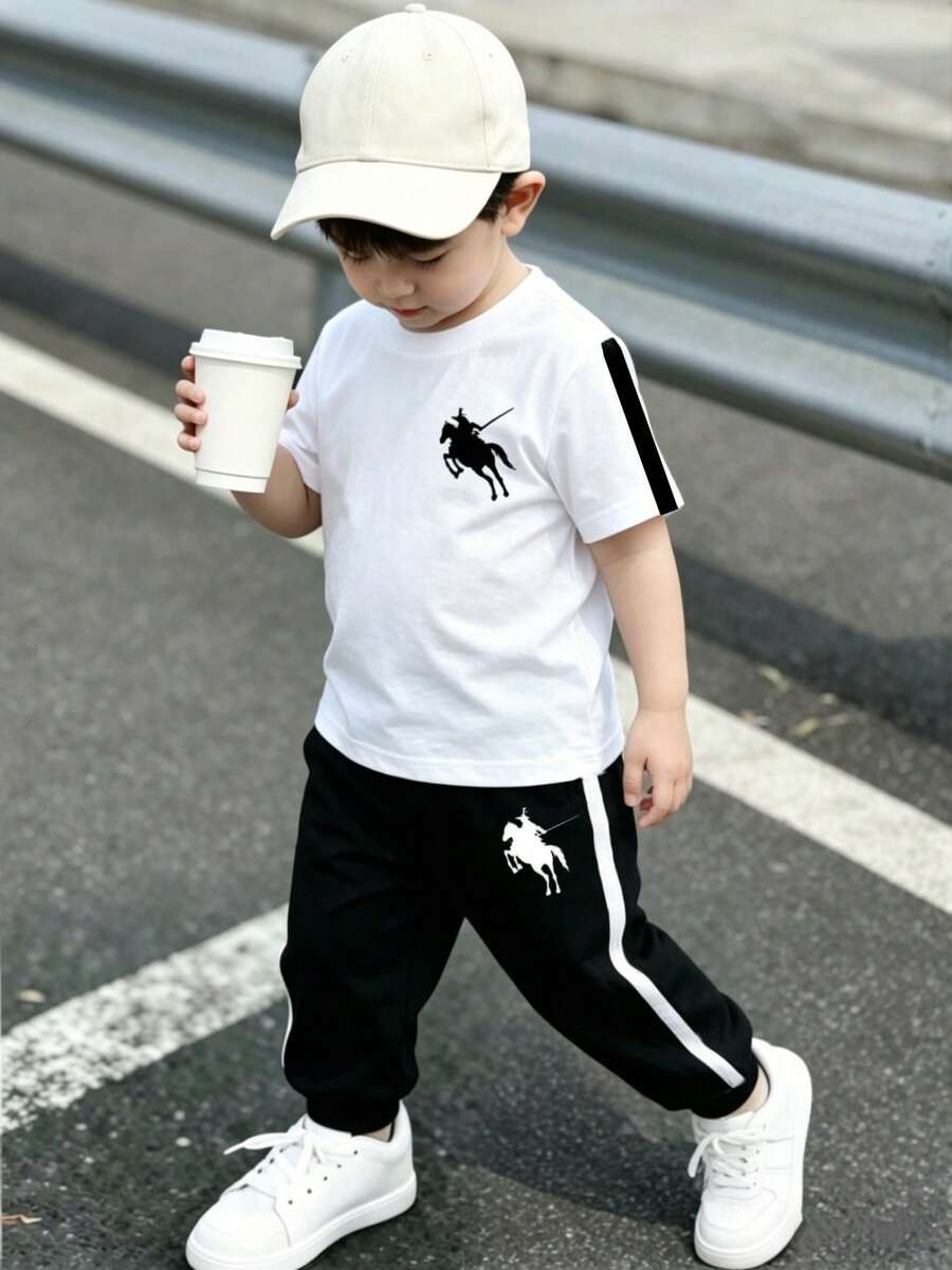 Souflis Souflis 2pcs/Set Young Boy's Casual Cowboy Logo Graphic Short Sleeve T-Shirt And Relaxed Fit Sweatpants Set,Stylish White Summer Vacation Kids Clothes Set - Multicolor - View 1
