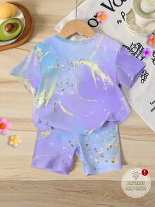 Girls' Ombre Purple K-POP Girl Group Outfit, Summer Lightweight, Star Print Short Sleeve Top + Tight Shorts - Multicolor - View 3