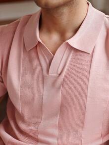 Manfinity Homme 男士大尺碼粉色條紋撞色休閒商務短袖針織 Polo 衫，夏季生日派對度假正式羅紋高爾夫上衣 - 藕粉色 - 查看 5