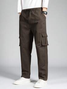 Manfinity Homme Men's Solid Color Drawstring Waist Pocket Casual Cargo Pants, Versatile For Daily Wear - Coffee Brown - View 4