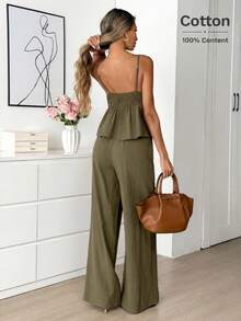 Easowa Bộ đồ nữ 2 mảnh phong cách vintage, 100% cotton, dáng rộng, thanh lịch, thích hợp đi làm: Áo hai dây viền bèo và quần ống rộng, thích hợp cho mùa xuân/hè. - xanh quân đội - Xem 2