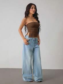SHEIN PETITE Áo croptop nữ mùa hè, kiểu dáng tối giản, màu trơn, xếp ly, xẻ tà, ôm sát. - màu nâu - Xem 1