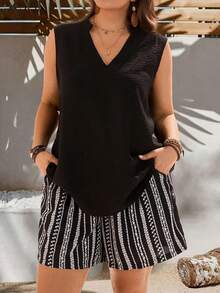 EMERY ROSE Plus Size Women's 2pc Set,Summer Black And White Boho Vacation Outfits,Solid Notch Neck Sleeveless Blouse Top & Striped Print Shorts With Pockets - Black and White - View 2