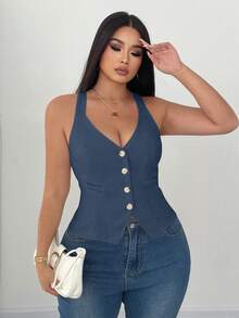 Elenzga Chaleco de mujer de talla grande con botones delanteros y cintura ceñida de unicolor - Azul - Ver 1