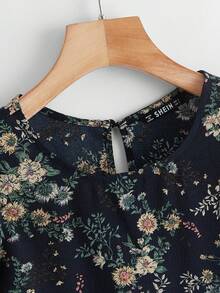 SHEIN LUNE Ruffle Armhole Floral Top,Casual - Navy Blue - View 4