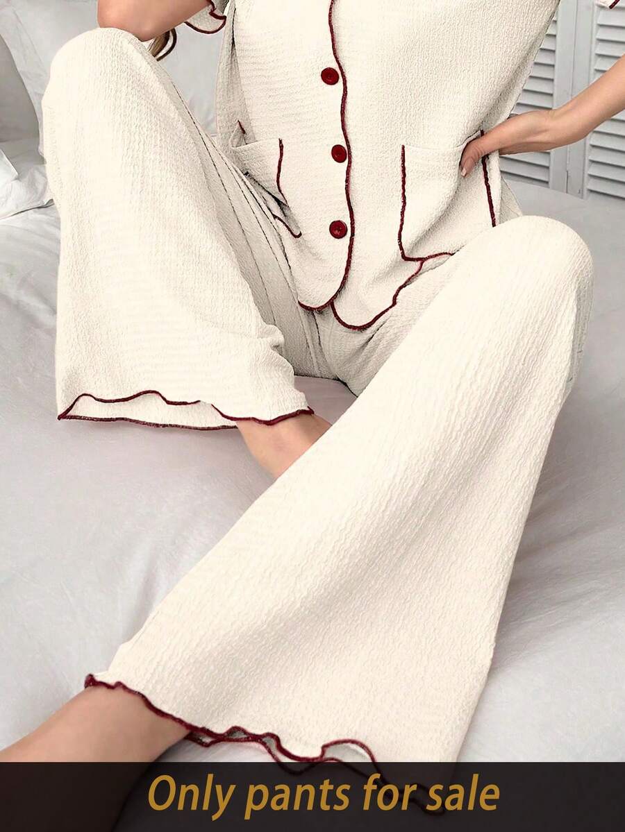 SHEIN Quần dài nữ dệt kim jacquard viền màu tương phản để mặc nhà - Màu be - Xem 1