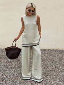 Livesso Women's Sage Green Round Neck Camisole And Pants Casual 2 Pieces Set Vacation Summer - Apricot - View 1