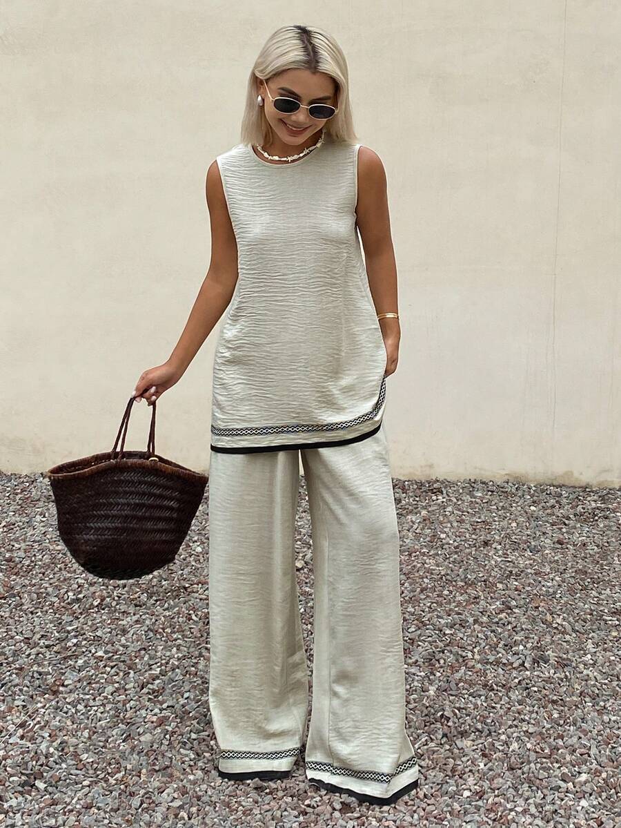 Livesso Women's Sage Green Round Neck Camisole And Pants Casual 2 Pieces Set Vacation Summer - Apricot - View 1