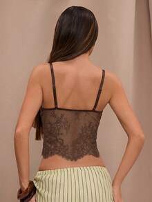 SHEIN BAE 女士性感蕾丝透视露脐吊带背心，适合海滩度假 - 咖啡棕 - 查看 2