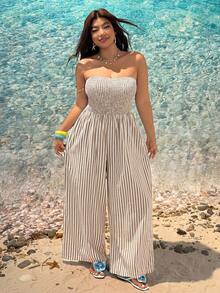 SHEIN EZwear 大尺碼女款白色抓皺平口休閒日常連身褲，適合海灘度假夏季穿著 - 卡其色 - 查看 8