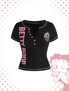 Betty Boop | ROMWE Letter Print Half-Zip Casual Short Sleeve Retro Distressed Jersey T-Shirt - Black - View 8