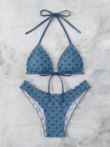 Swim Mod 女款夏季波點印花性感熱帶風細肩帶綁帶比基尼兩件式泳衣 海灘派對度假度假套裝 海軍藍波點 - 霧霾藍 - 查看 7