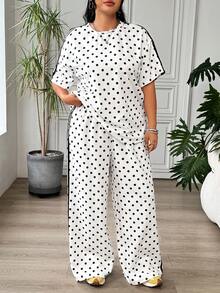 SHEIN EZwear 黑白波点加大码女式休闲圆领短袖T恤和裤子两件套 - 黑與白 - 查看 8