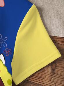 SpongeBob SquarePants | SHEIN 男童夏季休闲度假及日常通勤卡通印花撞色短袖T恤和短裤套装 - 白色 - 查看 6