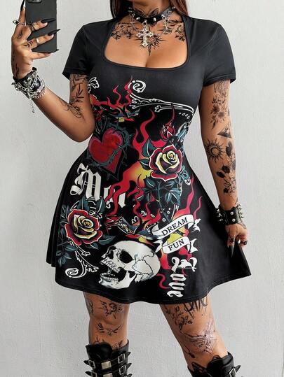 Whyspr Vestido corto de manga corta, elegante y casual, con cuello cuadrado, silueta entallada y estampado de corazón, llama y calavera, en estilo punk rock, tallas grandes para verano