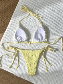 Swim Mod Bộ bikini hai mảnh họa tiết sao biển buộc cổ bằng vải jacquard dành cho nữ, thích hợp mặc mùa xuân/hè. - Màu vàng - Xem 2