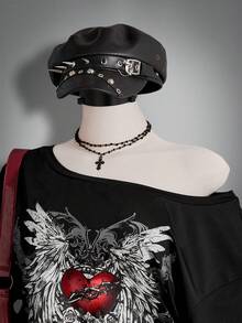 SHEIN ICON 大码女式哥特图案印花宽松不对称肩部T恤，街头服饰 - 黑色 - 查看 6