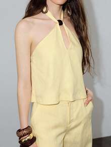 MOTF PREMIUM LINEN METAL DECOR HALTER CROP TOP, SPRING/SUMMER - Yellow - View 3