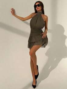 Aloruh Ruched Waist Ruffled Backless Halter Mini Dress, Suitable For Valentine's Day,Dresses For Women Summer - Army Green - View 7