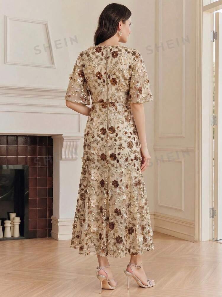 Elegant Navy Blue Floral Mesh Ruffle Trim Sequin Embellished Short Sleeve Dress, Suitable For Party, Date, Resort Wear, Spring/Summer Outfits