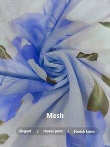 Elenzga 秋季新品返校季优雅花卉印花网眼性感V领褶饰腰部鱼尾下摆长袖紧身连衣裙 - 藍色 - 查看 3