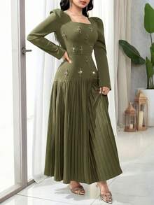 Feyla Women's Elegant Party Banquet Dress With Square Neckline, Puff Sleeves, Rhinestone Decor And Pleated Hem, Suitable For Spring And Autumn - Army Green - View 8