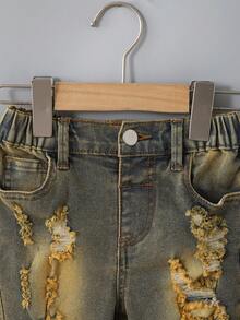 SHEIN Explorewe Pantalones cortos vaqueros desgastados con agujeros rotos, efecto lavado para niño pequeño - Azul lavado medio - Ver 5