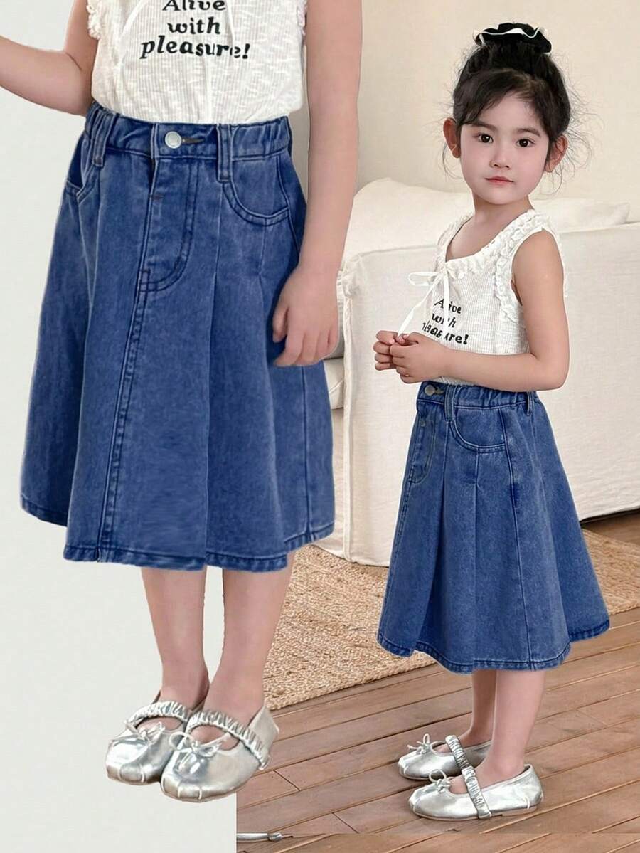 SHEIN 少女藍色百褶喇叭牛仔裙，兒童女童春夏季休閒度假鄉村波希米亞風穿搭，兒童女童沙灘裝，少女西式街頭風，春假、電音節牛仔長裙，畢業禮 - 深色水洗藍 - 查看 1