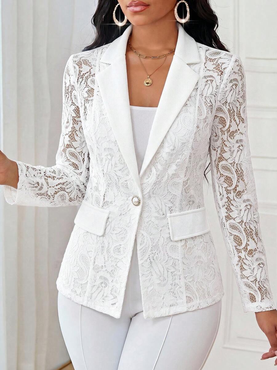 SHEIN Lady Áo blazer nữ thanh lịch tay dài cổ ve áo ren mỏng nhẹ - trắng - Xem 1