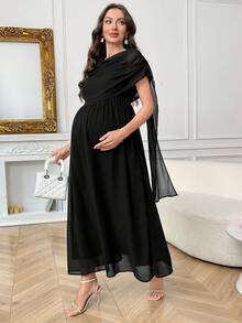 SHEIN Elegant Solid Color Maternity Dress For Party - Black - View 6