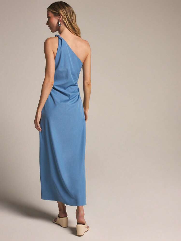 KSTM Women's One Shoulder Midi Denim Effect Dress With Asymmetrical Neckline Blue Light Wash Summer Casual Party Wear