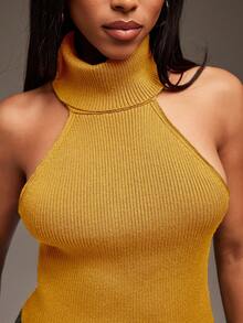 Denimoi Maglione con collo alto, senza maniche, con anello a O, top a canotta, top a maglia, top senza schienale, maglione a collo alto - Giallo Senape - Visualizzare 6