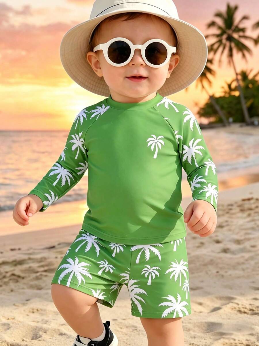 Nuevo traje de baño de moda para niños pequeños, conjunto de dos piezas con shorts y manga larga - Multicolor - Ver 1