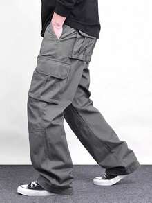 Manfinity Homme Men Solid Color Straight Workwear Trousers Baggy Cargo Pants Menmen Cargo Pantsmen Cargos - Dark Grey - View 3