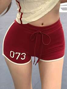DAZY Spring & Summer White Ribbon Letter Print Sporty Leggings, Slim Fit Jersey Casual Vacation Straight Leg Red Shorts For Women Y2k - Red - View 10