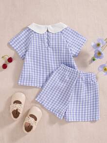 Souflis Souflis 2pcs Baby Girl Infant Toddler Newborn Spring/Summer Elegant Princess White & Blue Peter Pan Collar Ruffle Blouse + Shorts Set - Baby Blue - View 3