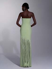 Elitara Elegant Formal Queen Sage Green Wavy Knit Patchwork Long Dress Handmade Beaded Tassel Floral Decor Party Prom Vow Wedding Winter - Green - View 2
